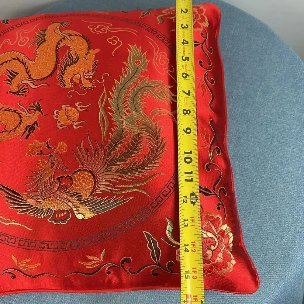 Red Satin Dragon Phoenix Decorative Pillow